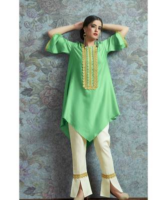 Green Embellished Printed Party Wear Kurti 1