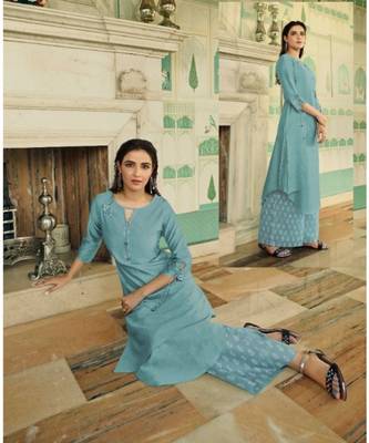 Turquoise Embellished Printed Party Wear Kurti 2