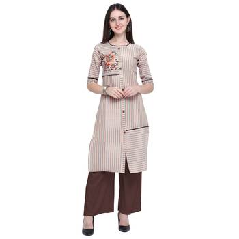 Beige embroidered cotton long-kurtis 1
