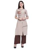 Beige embroidered cotton long-kurtis