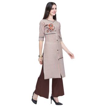 Beige embroidered cotton long-kurtis 4