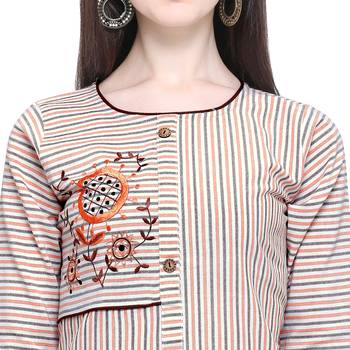 Beige embroidered cotton long-kurtis 5