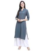 Aqua-blue plain rayon long-kurtis