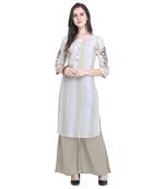 Light-yellow embroidered rayon long-kurtis