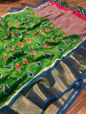 green cotton Pochampally saree with blouse 1