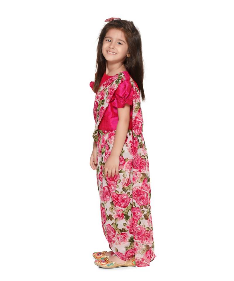 Magenta Choli with Multicolour Dhoti Saree Set