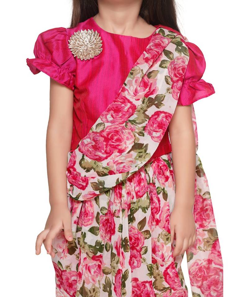 Magenta Choli with Multicolour Dhoti Saree Set