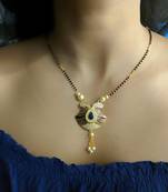 Mangalsutra Enamel Work Stone Pendant White Pearl Latkan Black Bead Single Line Layer Short Mangalsutra Design Latest