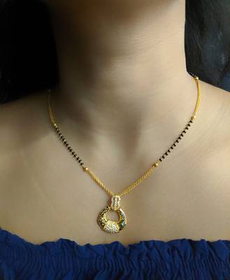 Mangalsutra  Enamel Work Stone Pendant Black Beads Single Line Layer Short Mangalsutra Designs Latest Chain 1