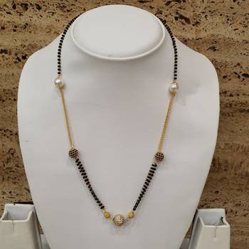 Stone Studded White Pearl Double Layer Black Bead Single Chain Short Mangalsutra Designs Latest 2