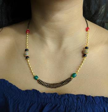 Red Green Stone Studded Black Beads Multilayer Beads Single Line Chain Short Mangalsutra Designs Latest 1