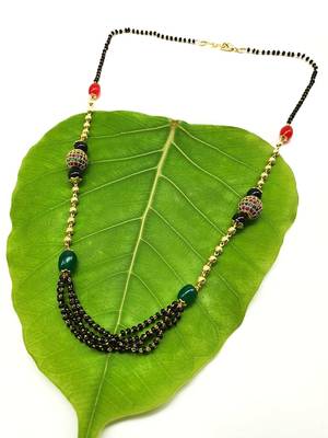 Red Green Stone Studded Black Beads Multilayer Beads Single Line Chain Short Mangalsutra Designs Latest 2