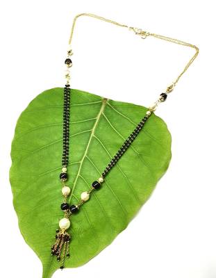 Stone Studded White Pearl Black Beads Double Layer Single Line Chain Short Mangalsutra Designs Latest 2