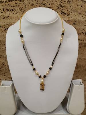 Stone Studded White Pearl Black Beads Double Layer Single Line Chain Short Mangalsutra Designs Latest 3