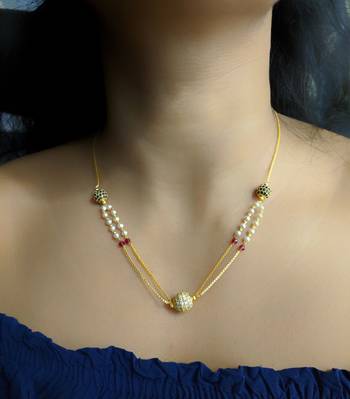Round Mani Stone Studded Multi Strand White Pearl Bead Double Layer Single Line Chain Short Mangalsutra Designs Latest 1