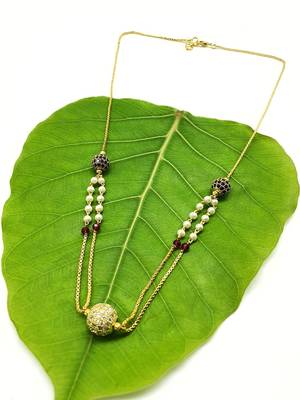 Round Mani Stone Studded Multi Strand White Pearl Bead Double Layer Single Line Chain Short Mangalsutra Designs Latest 2