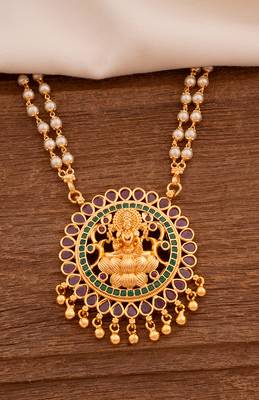 Off-white pearl necklace LONG with Big Laxmi pendant one gram gold 1
