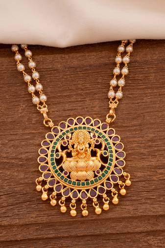 Off-white pearl necklace LONG with Big Laxmi pendant one gram gold