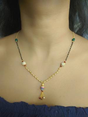 Multicolor Round Mani Green Stone Black Beads Single Line Layer Short Mangalsutra Designs Latest Chain 1
