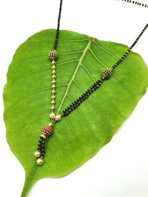 Pink Round Beads Latkan Mani Single Line Chain Black Bead Double Layer Short Mangalsutra Designs Latest 2