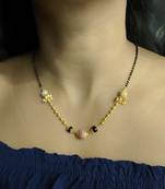 Pink Stone Round Beads Studded Mani Chain Black Beads Single Line Layer Short Mangalsutra Designs Latest