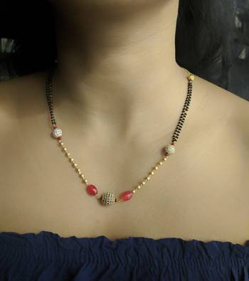 Pink Stone Round Beads Studded Golden Mani Single Line Chain Black Bead Double Layer Short Mangalsutra Designs Latest 1