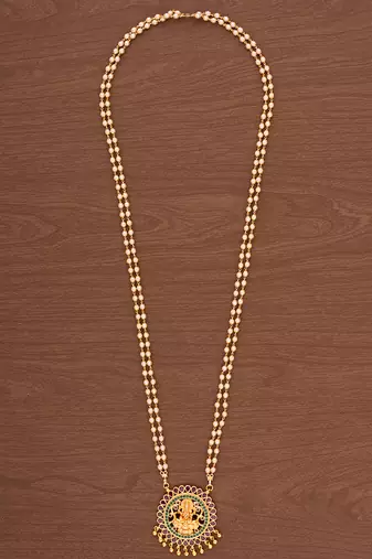Off-white pearl necklace LONG with Big Laxmi pendant one gram gold