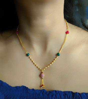 Multicolor Round Mani Latkan Green Red Stone Golden Beads Double Line Layer Chain Short Mangalsutra Designs Latest 1