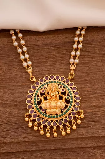 Off-white pearl necklace LONG with Big Laxmi pendant one gram gold