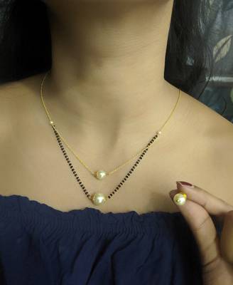 Set White Pearl Studded Multi Strand Black Bead Single Line Layer  Chain Short Mangalsutra With Earrings Designs Latest 1