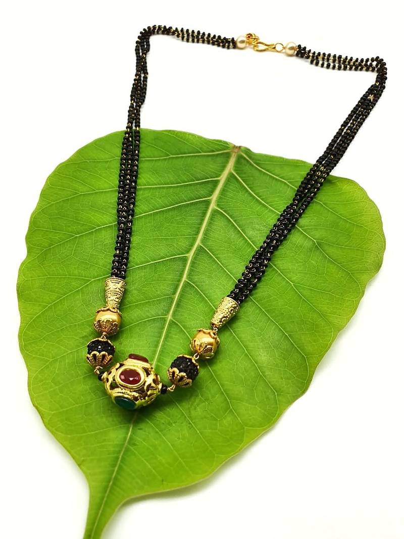 Multicolor Stone Studded Red Beads 3 There Multilayer Black Beads Chain Short Mangalsutra Designs Latest