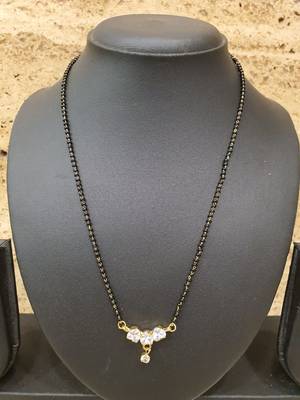 Golden 3 Big American Diamond Pendant Latkan Black Bead Single Line Layer Short Mangalsutra Designs Latest Chain 1