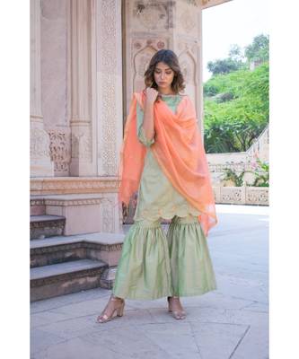 Olive Gharara Cutwork Set 4