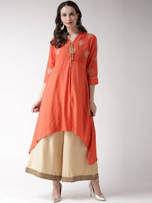 Orange printed viscose rayon kurtas-and-kurtis 1