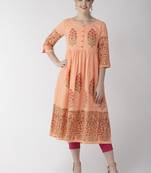 Peach printed cotton kurtas-and-kurtis