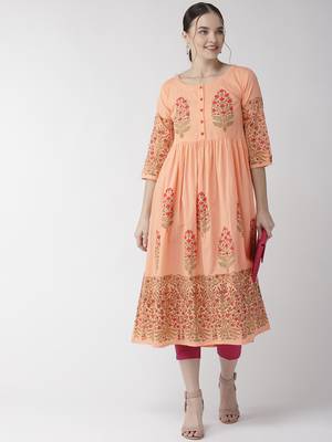 Peach printed cotton kurtas-and-kurtis 4