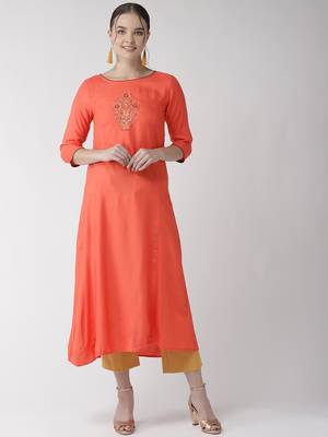 Orange printed viscose rayon kurtas-and-kurtis 2