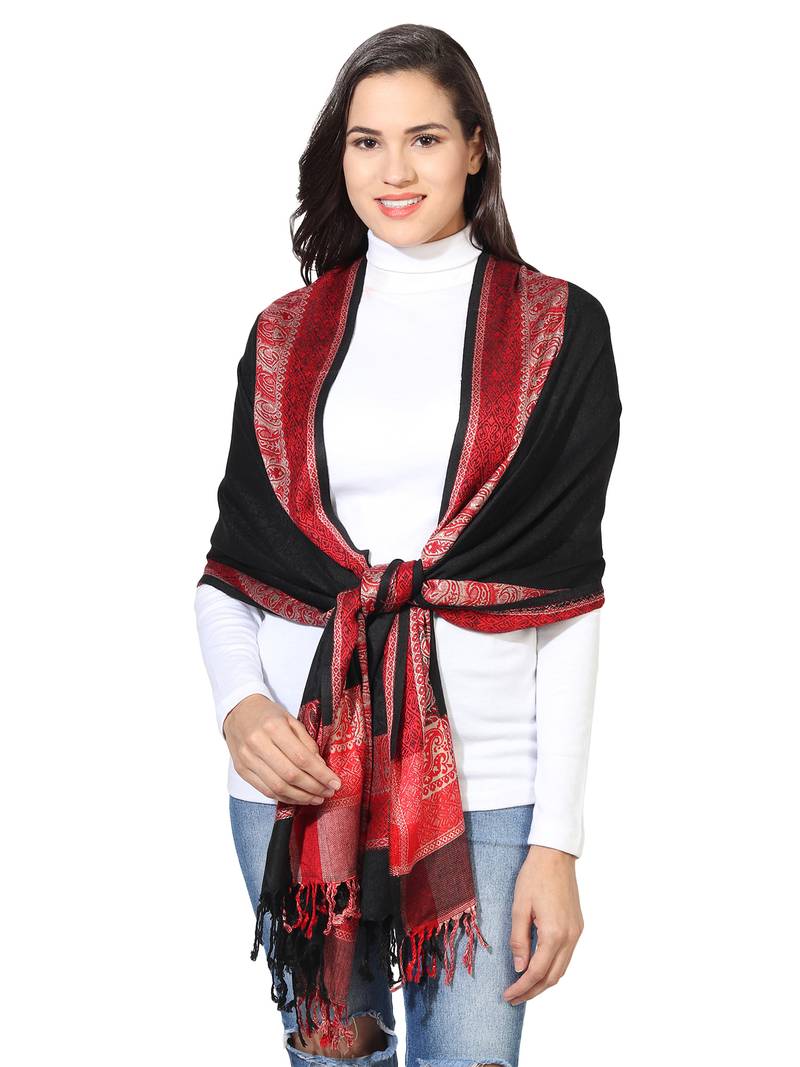 Black-Red Women's Silky Pashmina Jacquard Weave with Paisley