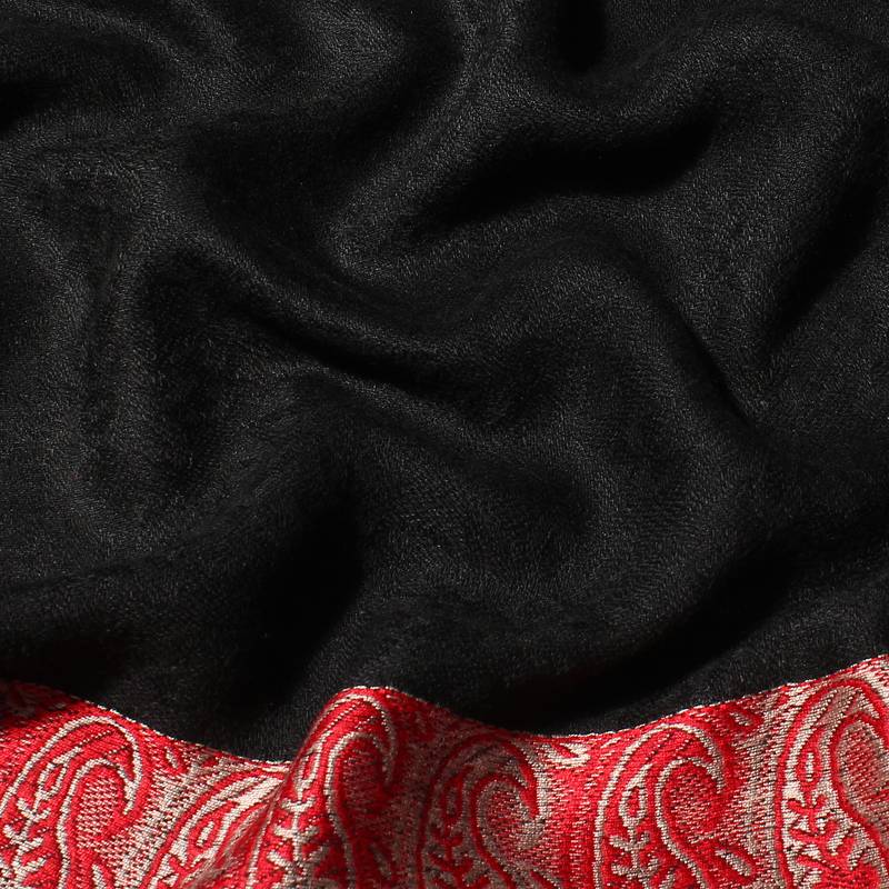 Black-Red Women's Silky Pashmina Jacquard Weave with Paisley Borders Viscose Scarf