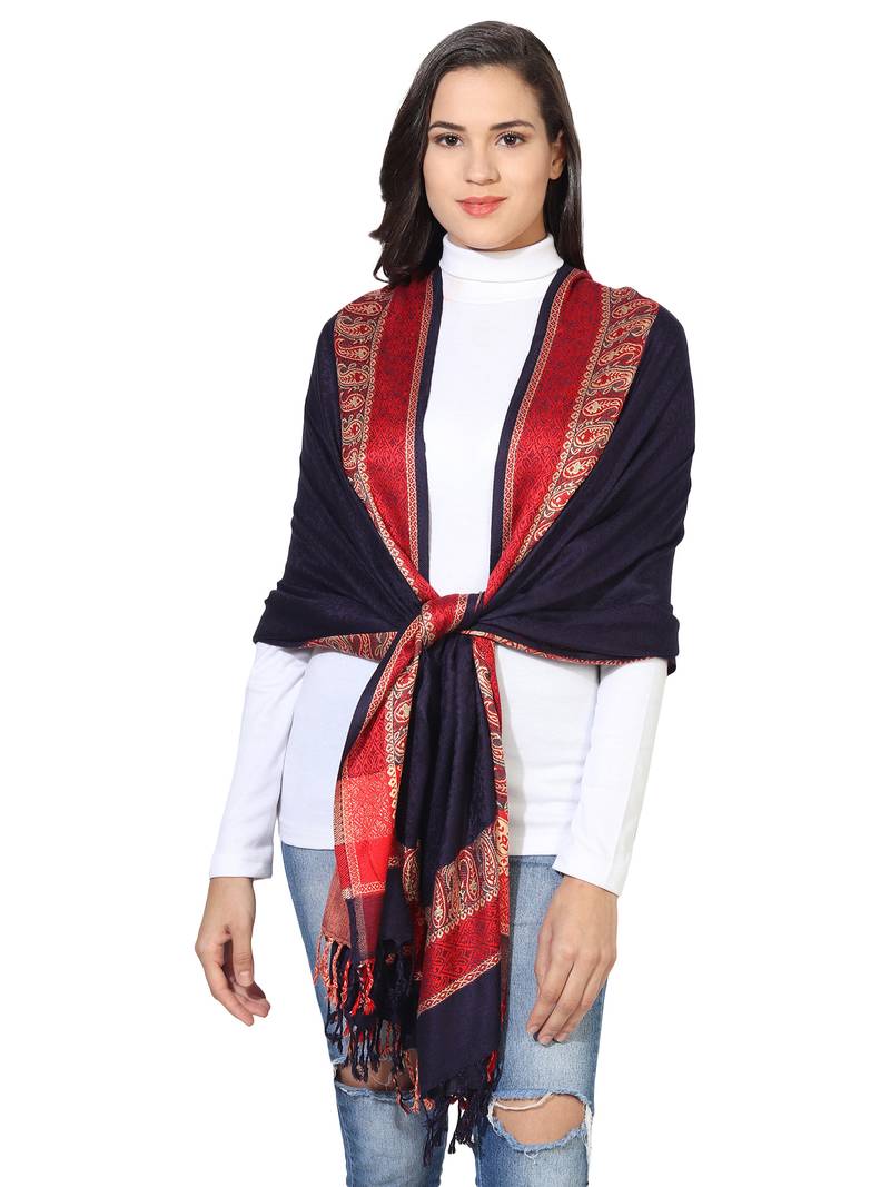 Blue-Red Women's Silky Pashmina Jacquard Weave with Paisley Borders Viscose Scarf