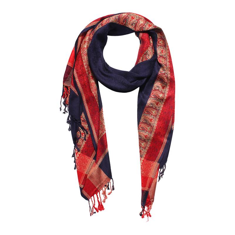 Blue-Red Women's Silky Pashmina Jacquard Weave with Paisley Borders Viscose Scarf
