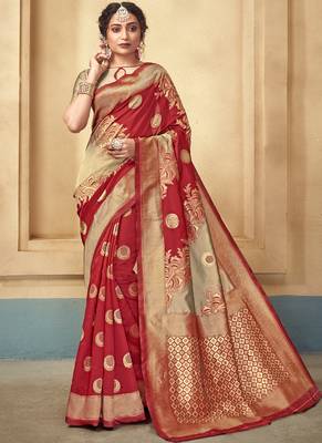 Red woven art silk saree with blouse 1