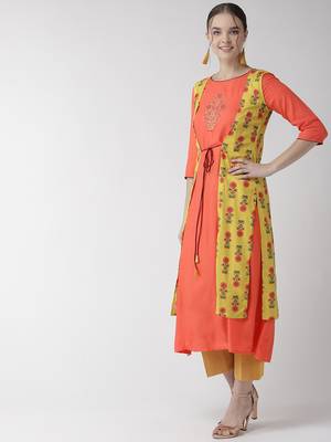Orange printed viscose rayon kurtas-and-kurtis 5