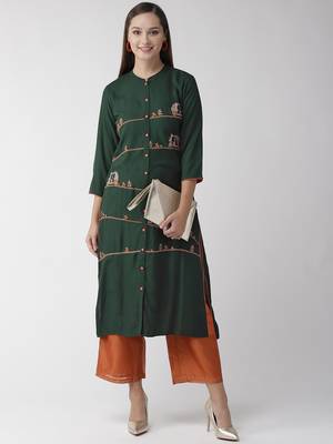 Green printed viscose rayon kurtas-and-kurtis 3