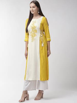 Yellow plain viscose rayon kurtas-and-kurtis 2