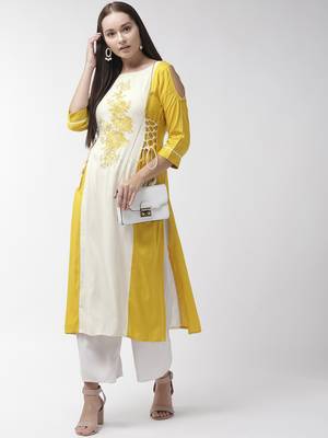 Yellow plain viscose rayon kurtas-and-kurtis 3