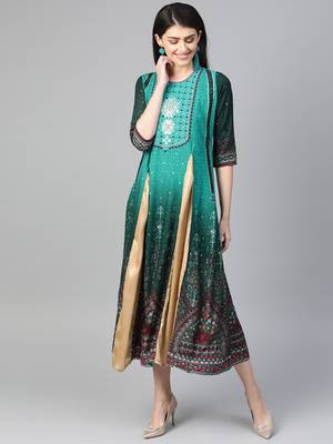 Teal printed liva long-kurtis 4