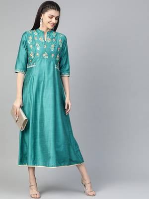 Teal printed liva long-kurtis 4