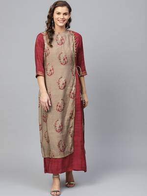 Beige printed liva long-kurtis 1