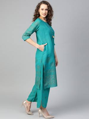 Teal printed cotton salwar 3